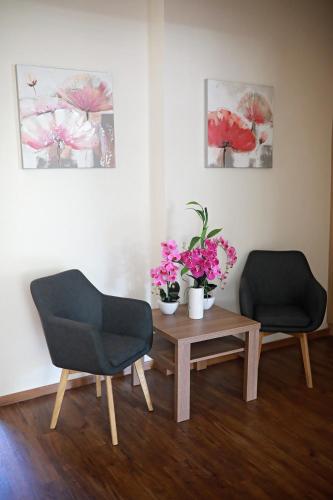 a living room with two chairs and a table with flowers at Penzion Sokolská in Zlín
