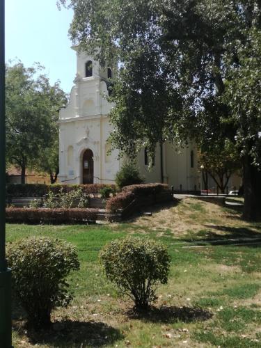 a white building with a clock tower in a park at Dudi Apartman in Szeged