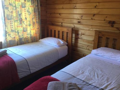 two beds in a room with wooden walls at Kairaki Beach Motor Camp in Wetheral
