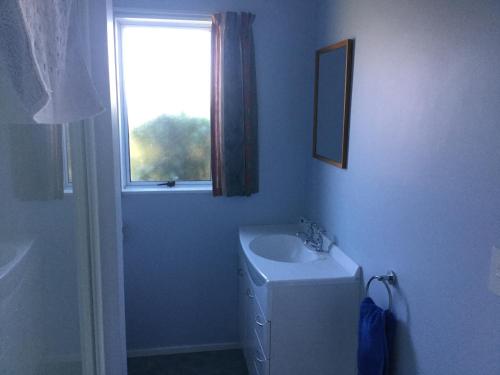 a bathroom with a sink and a window at Kairaki Beach Motor Camp in Wetheral