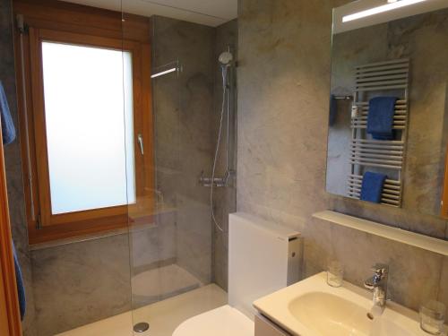 uma casa de banho com um chuveiro e um lavatório. em Chli Alpa A1 em Arosa