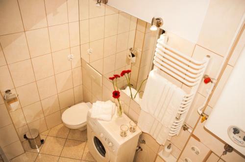 uma casa de banho com um WC e um vaso de flores em Apartament - Old Town Studio em Gdansk