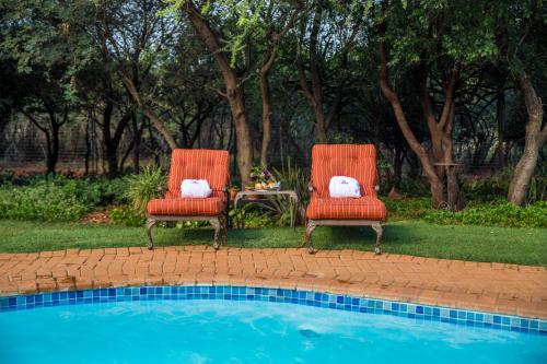 two chairs with pillows sitting next to a pool at Boubou Bed and Breakfast in Rustenburg