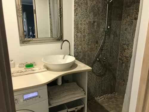 y baño con lavabo y ducha. en Apartment near by sea, en Jūrmala