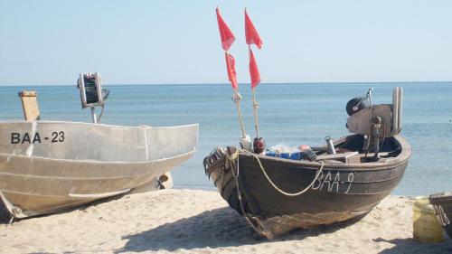 two boats sitting on the sand on the beach at Ferienhaus Seepferdchen in Baabe