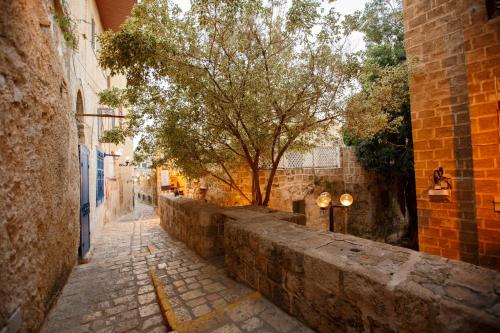un callejón con un árbol en medio de una calle en Jaffa Experience Home, en Tel Aviv