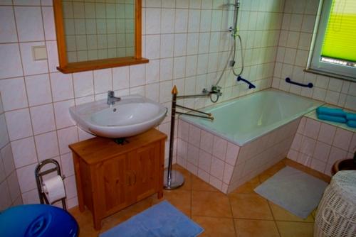 a bathroom with a sink and a bath tub at Ferienhaus Doris in Dwasieden