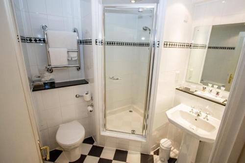 a bathroom with a shower and a toilet and a sink at Brandon Hall Hotel & Spa Warwickshire in Brandon