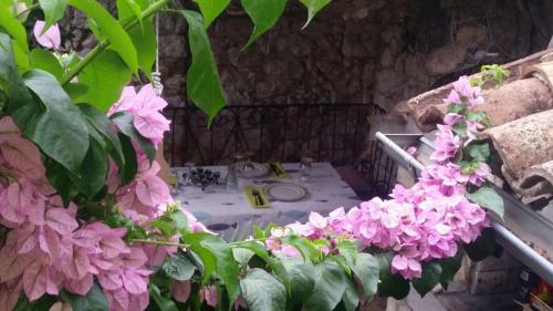 a table with pink flowers in a garden at Apartman i Sobe Čule Cres in Cres
