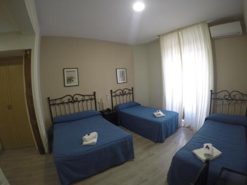 two beds in a room with blue sheets at Hostal El Pilar in Madrid