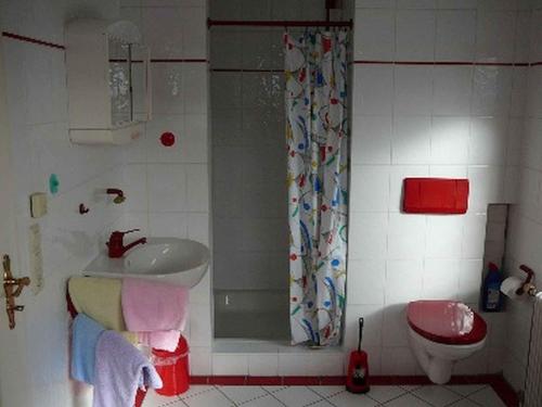 フロイデンシュタットにあるHaus Kratzmeierのバスルーム(シャワー、洗面台、トイレ付)