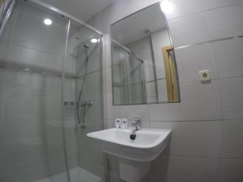 a bathroom with a sink and a shower and a mirror at Hostal El Pilar in Madrid