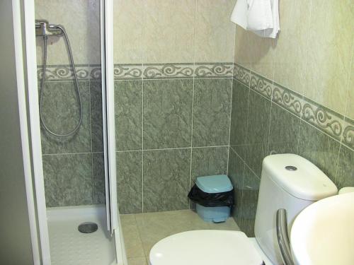 a white toilet sitting next to a shower in a bathroom at Hotel Los Hermanos in Ocaña