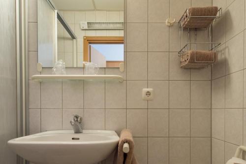 a bathroom with a sink and a mirror at Donnici im Schwyzerhüsli in Viernheim