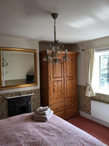 a bedroom with a bed with a fireplace and a mirror at Richmond Cottage in Chichester