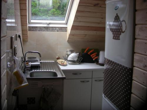 a small kitchen with a sink and a refrigerator at Pod Kotem in Rowy
