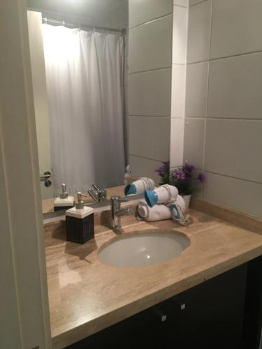 a bathroom with a sink and a mirror at M Montt Las Condes in Santiago