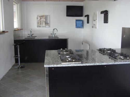 a kitchen with a stove and a counter top at Gåsevig Strand Camping in Haderslev