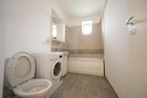 a bathroom with a toilet and a washing machine at Gaga Residence 13 in Timişoara