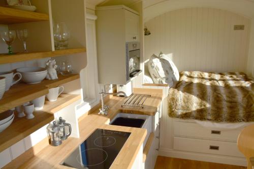 a kitchen with a sink and a stove top oven at Kerswell Farm Shepherd Huts in Totnes