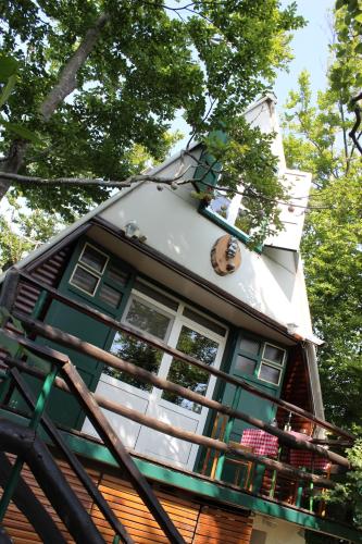 a house with a window on the side of it at Planinska vikendica LUCIJA in Fužine