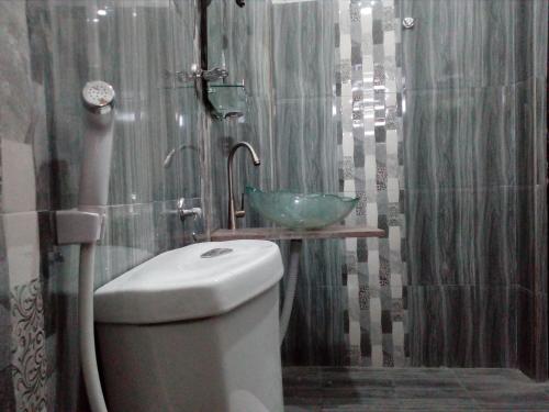 a bathroom with a toilet and a glass sink at House Of Esanya in Negombo