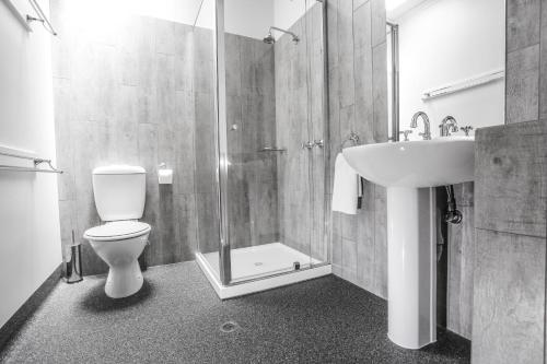 W łazience znajduje się prysznic, toaleta i umywalka. w obiekcie Sovereign Hill Hotel w mieście Ballarat