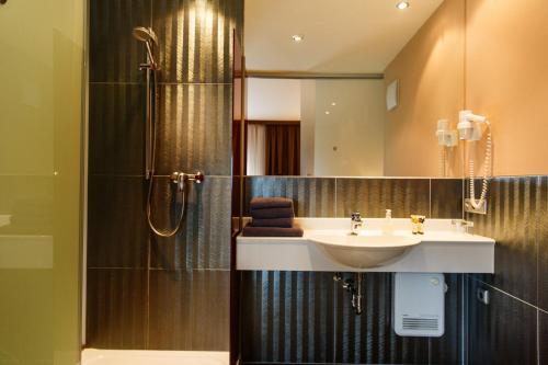 a bathroom with a sink, mirror, and shower stall at Hotel Salzburg in Salzburg