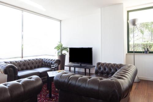 sala de estar con sofás de cuero y TV de pantalla plana en Hotel Regina in spiaggia, en Rímini