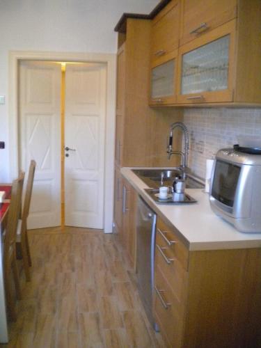 a kitchen with a sink and a microwave at Il Nido in Rezzonico