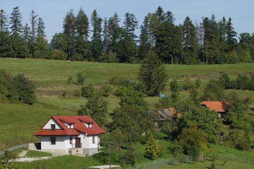 a small white house with a red roof in a field at Chalupa pod Hruškou in Zubří
