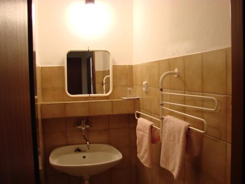 a bathroom with a sink and a mirror and towels at Hotel Kristl in Pardubice