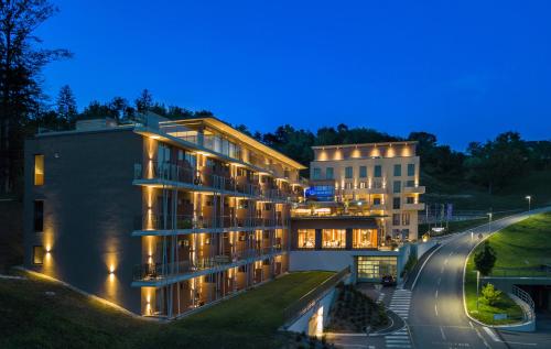 a building with lights on it at night at Atlantida Boutique Hotel in Rogaška Slatina