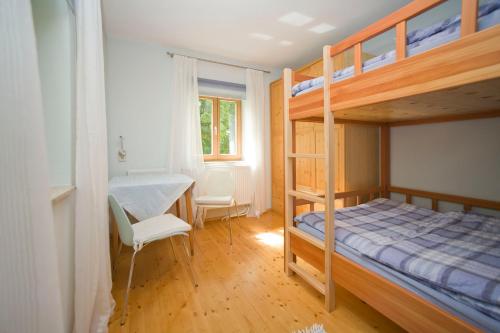 a bedroom with a bunk bed and a desk at Leitnerhütte in Judenburg