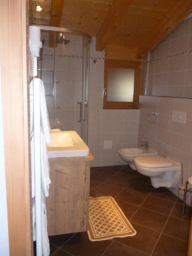 a bathroom with a sink and a toilet at Isidorhof in Dobbiaco