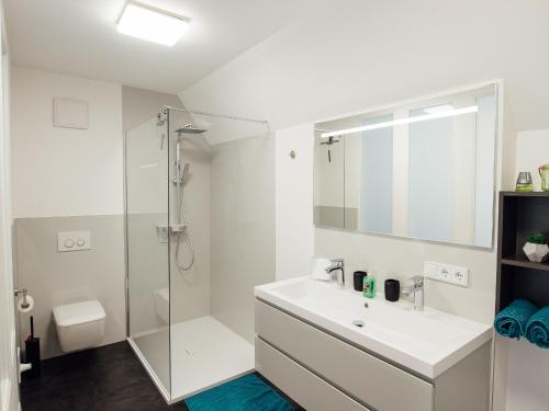 a white bathroom with a shower and a sink at Die Gönothek - Ferienwohnungen in Iphofen