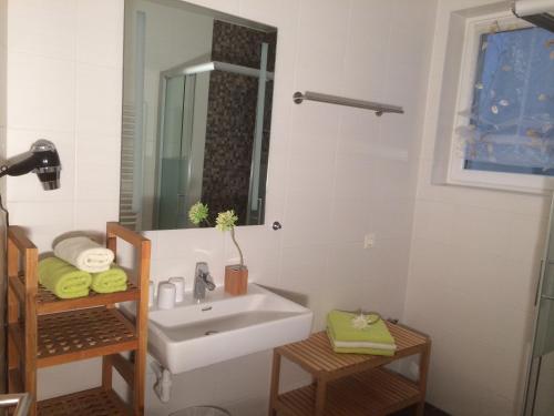 een badkamer met een wastafel en een spiegel bij Krinzerhäusl in Seefeld in Tirol