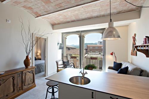 a kitchen with a sink and a living room at El Jardinet de Sant Esteve in Olot