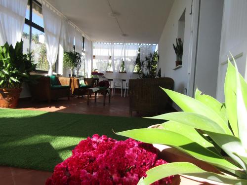 a living room with pink flowers and a dining room at Arenosu Comfort Country Guesthouse in Fertilia