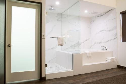 a bathroom with a glass shower and a sink at Hotel Xilo Glendale in Glendale