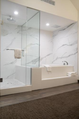 a bathroom with a glass shower and a sink at Hotel Xilo Glendale in Glendale