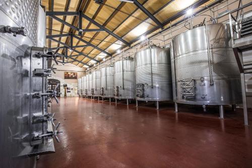 a row of wine barrels in a building with a room at Hotel SPA El Lagar de Isilla in La Vid y Barrios