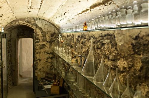 a room with a shelf with glass bottles on the wall at El Jardinet de Sant Esteve in Olot