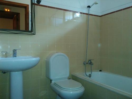 een badkamer met een toilet, een wastafel en een bad bij Casa Do Grilo Soajo in Soajo