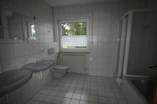 a bathroom with a sink and a toilet and a window at Haus Cäcilia in Warmensteinach