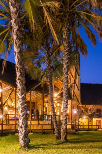 two palm trees in front of a building at night at The David Livingstone Safari Lodge & Spa in Livingstone