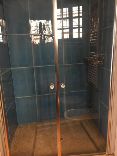 a shower with a glass door in a bathroom at B&B San Martino in Mede