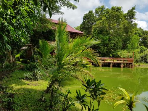a bench in a park next to a pond at Kingfisher Ecolodge in Ban Kian-Ngông