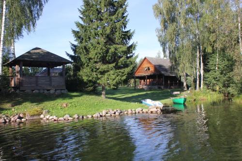 a house on the shore of a lake with a boat at Prie Klykio in Utena