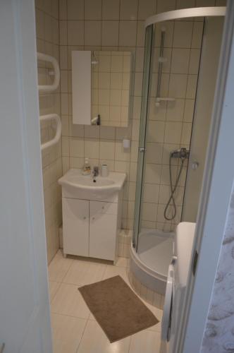 a bathroom with a shower and a sink and a tub at Apartment with Sea View in Liepāja